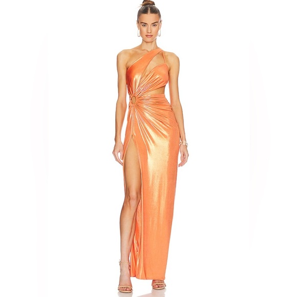 J. Angelique Mahala Maxi Dress in Metallic Orange Dress XS Cutout One Shoulder